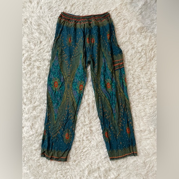 Majestic Peacock Boho Festival Hippie Indie Gypsy Harlem Palazzo Pants Green S M - Picture 12 of 14